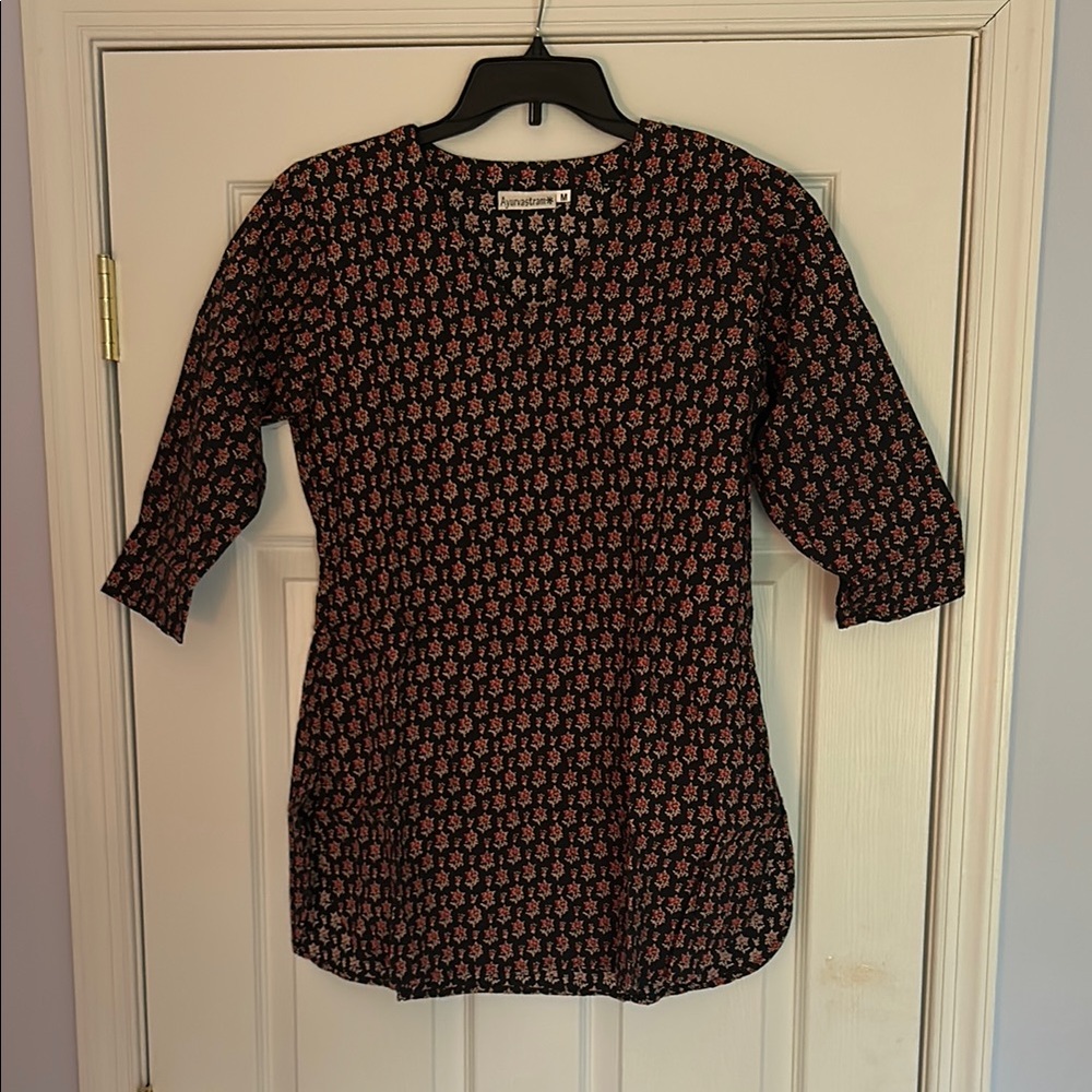 Anthropologie Black and Pink Floral Tunic